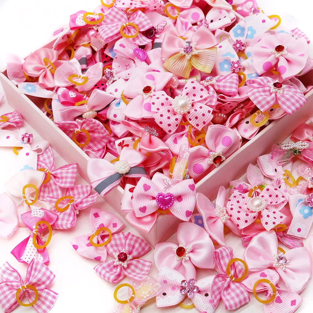 10/20PCS Pink Style Dog Bows With Rubber Bands Diamonds Cute Dog Bowknots Hair Accessories For Dogs Pet Puppy Bows