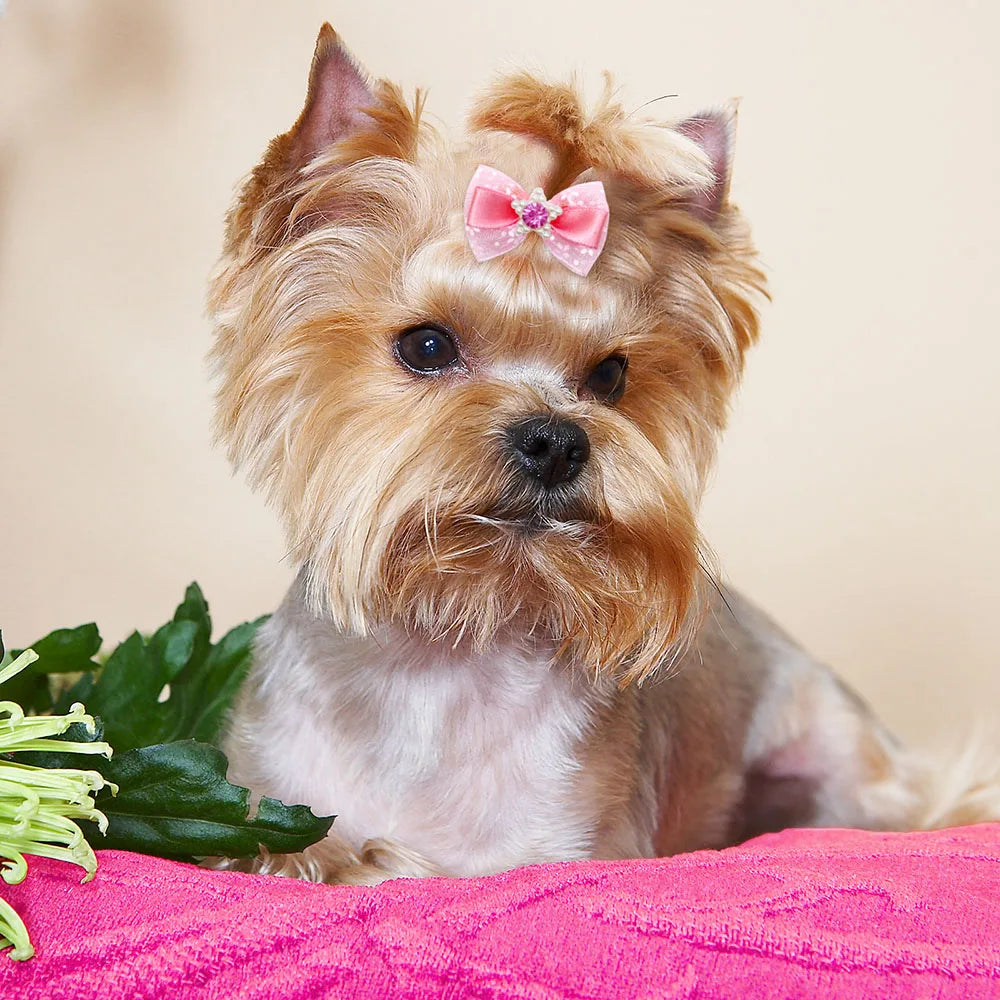 10/20PCS Pink Style Dog Bows With Rubber Bands Diamonds Cute Dog Bowknots Hair Accessories For Dogs Pet Puppy Bows