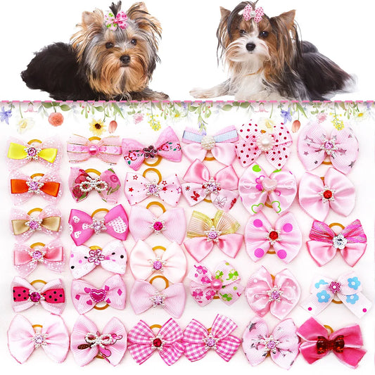 10/20PCS Pink Style Dog Bows With Rubber Bands Diamonds Cute Dog Bowknots Hair Accessories For Dogs Pet Puppy Bows