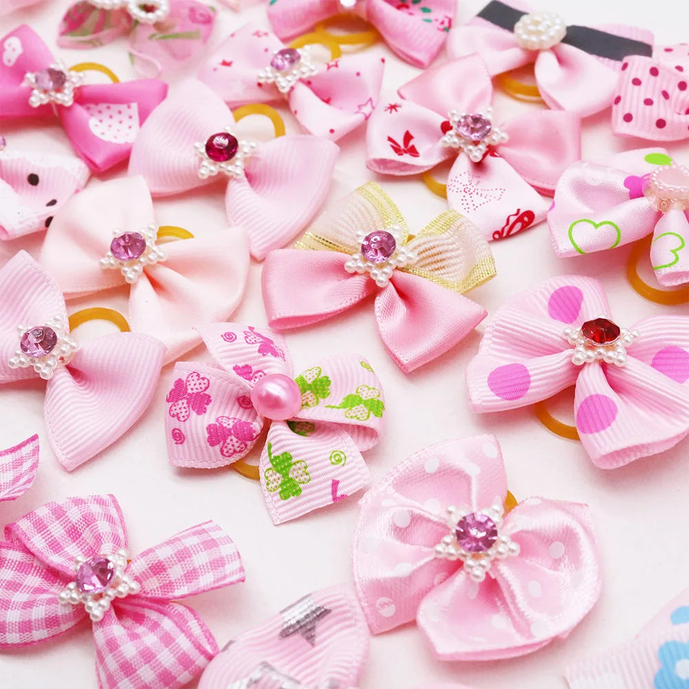 10/20PCS Pink Style Dog Bows With Rubber Bands Diamonds Cute Dog Bowknots Hair Accessories For Dogs Pet Puppy Bows